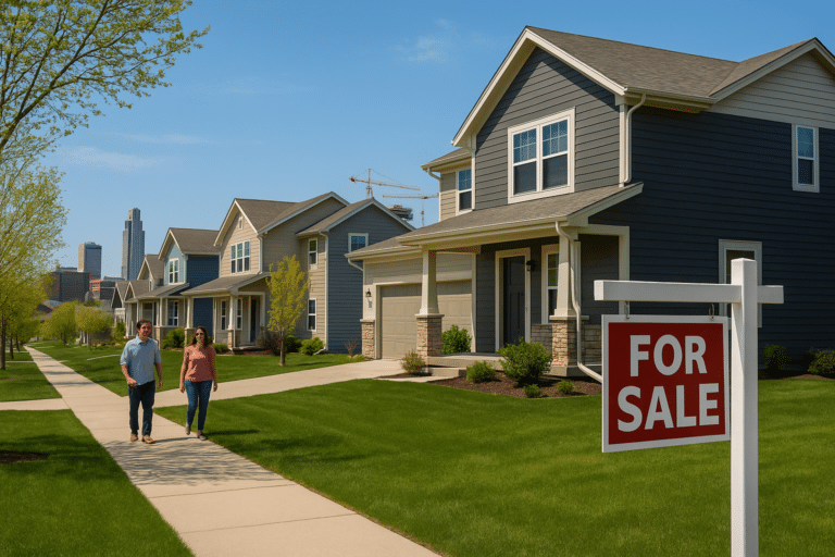 Modern Omaha neighborhood showcasing growth in the Omaha housing market 2025, with homes for sale and new developments