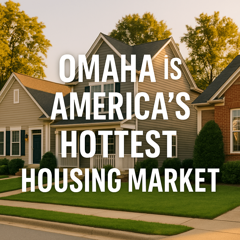Suburban homes at golden hour in Omaha, highlighting the growth and appeal of the Omaha housing market 2025, with a bold text overlay declaring it the hottest market in America.