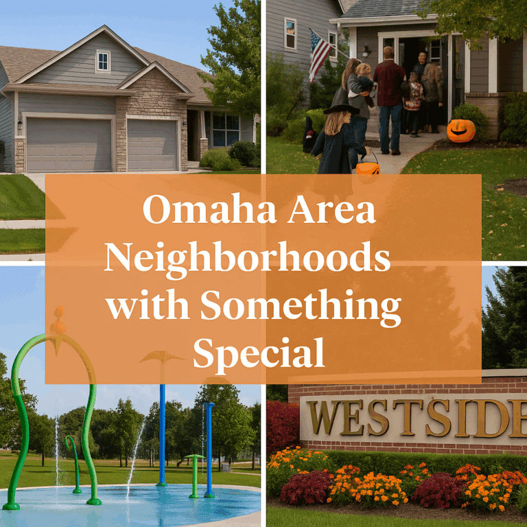 Promotional image featuring four Omaha neighborhoods locals love, highlighting family-friendly communities, parks, and homes in Blackhawk, North Shore, Cimarron Woods, and District 66.