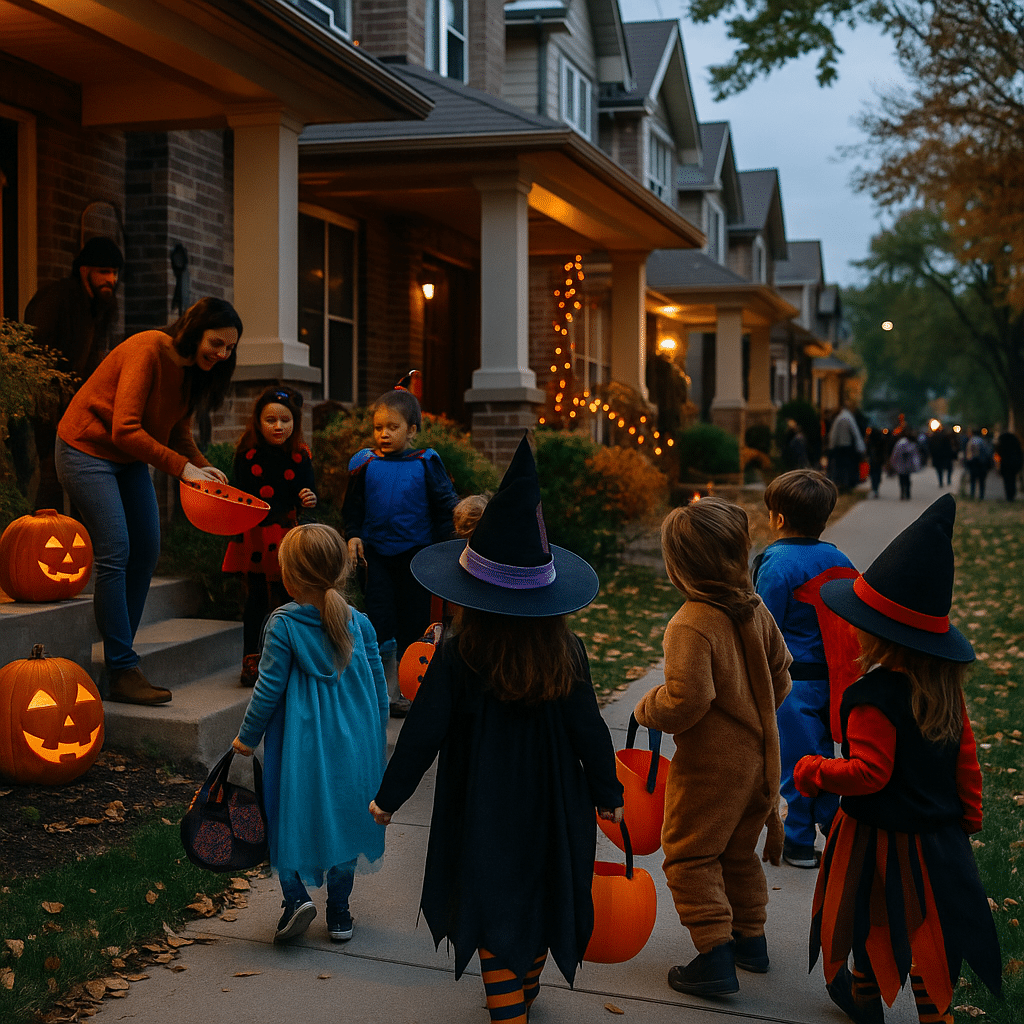 Festive Halloween trick-or-treaters in Blackhawk, one of the Omaha neighborhoods locals love for its strong community traditions and family-friendly vibe.
