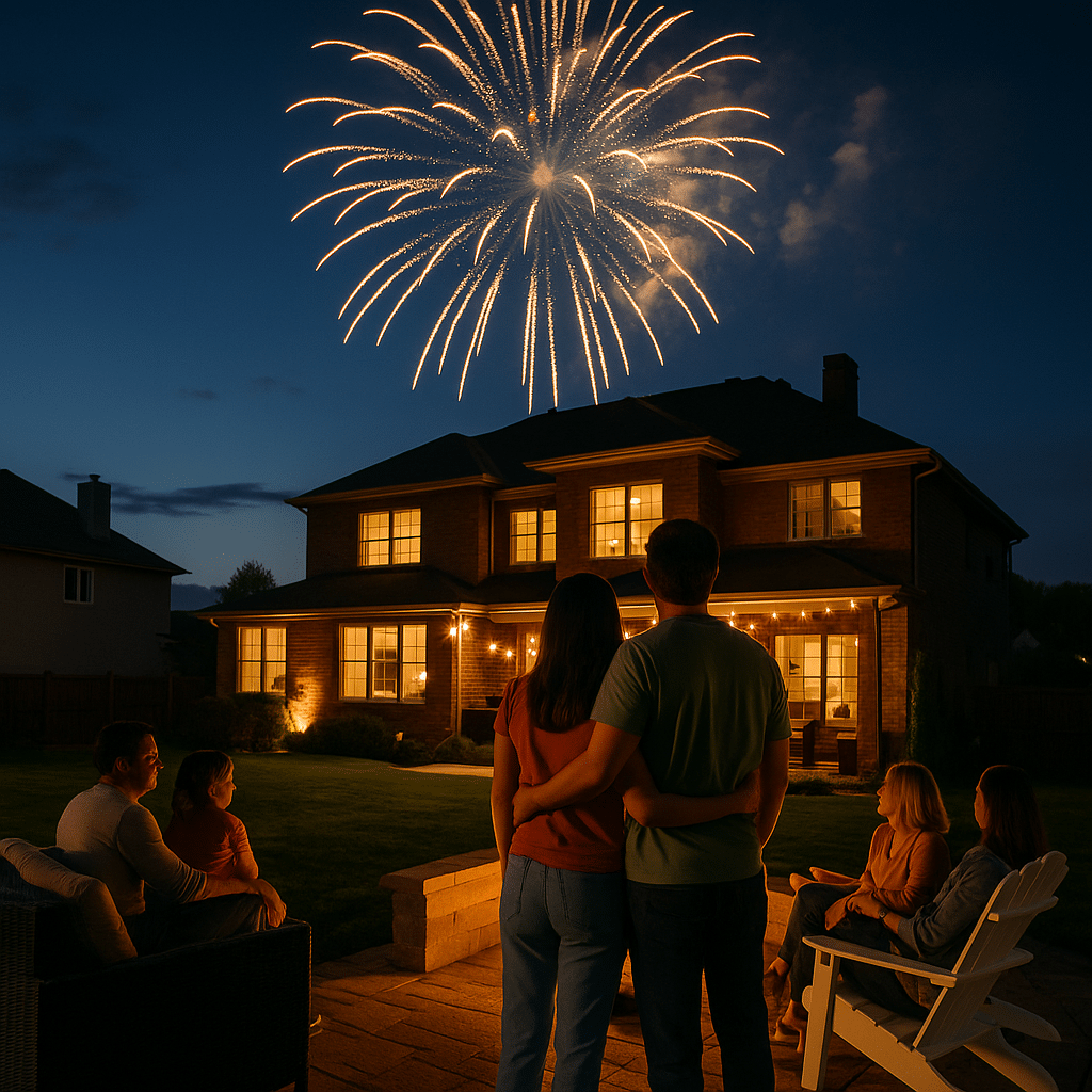 A festive backyard celebration in North Shore, one of the Omaha neighborhoods locals love, featuring families watching fireworks over a stylish brick home.