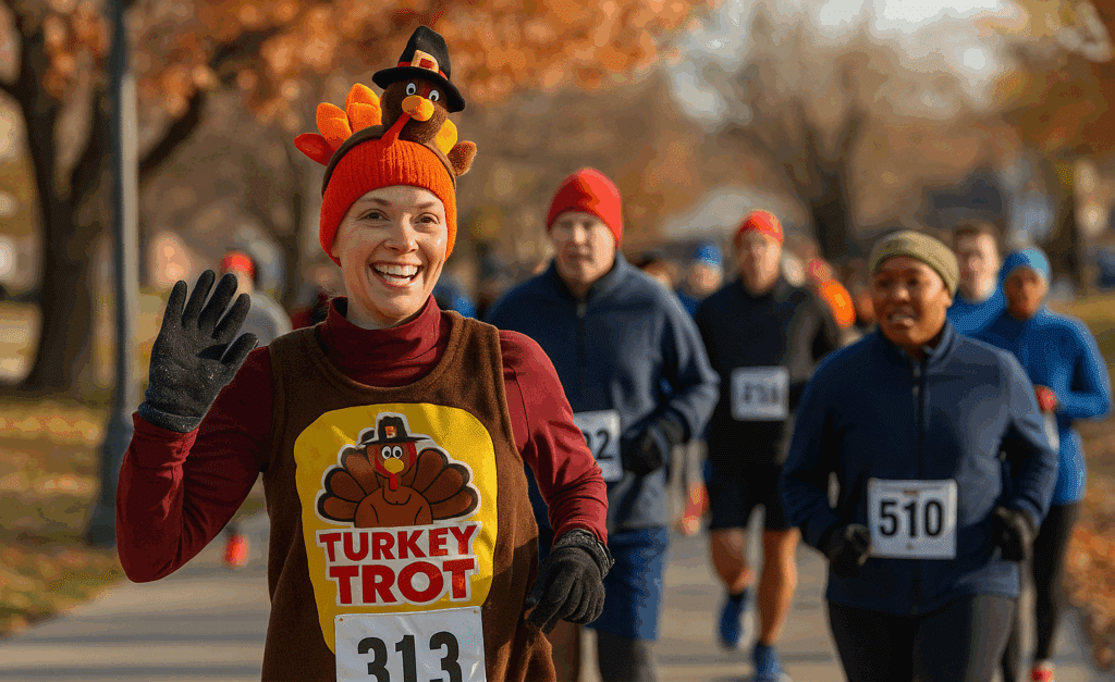 A group of neighbors running a festive turkey trot in Cimarron Woods, representing the strong sense of community found in Omaha neighborhoods locals love.