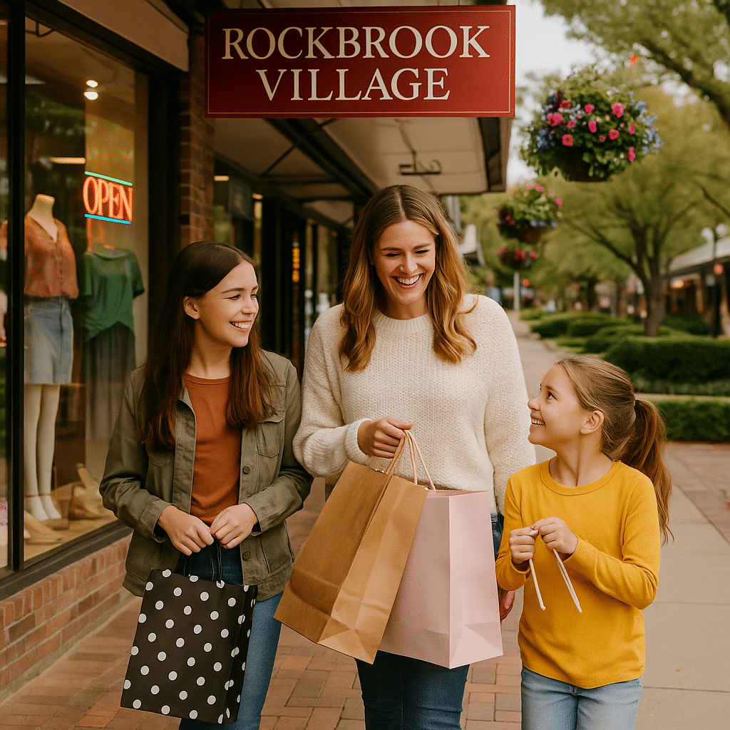 A mother and her two daughters enjoy a sunny afternoon shopping at Rockbrook Village, showcasing the charm and community feel of Omaha neighborhoods locals love.