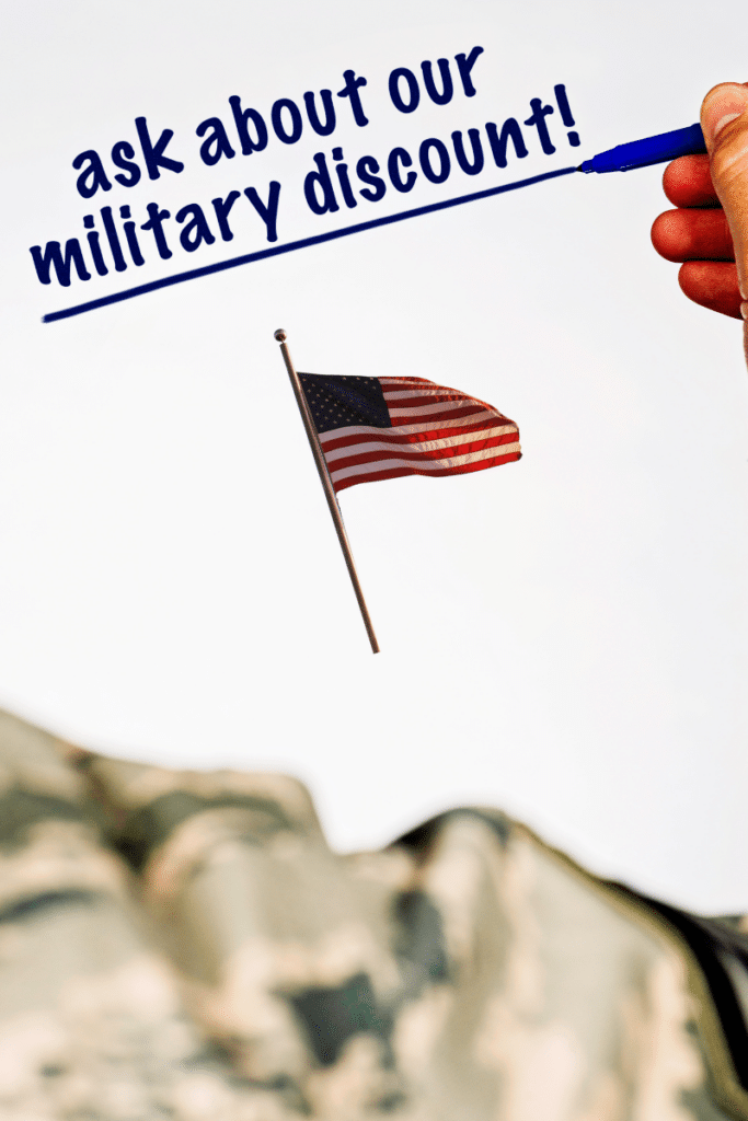 Close-up of a military member's shoulder in uniform with text overlay that says 'Ask About Our Military Discount' – promoting Omaha military discounts.