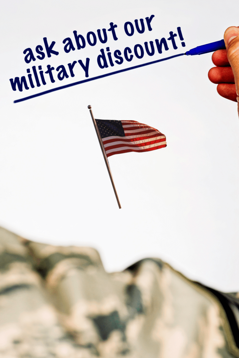 Close-up of a military member's shoulder in uniform with text overlay that says 'Ask About Our Military Discount' – promoting Omaha military discounts.