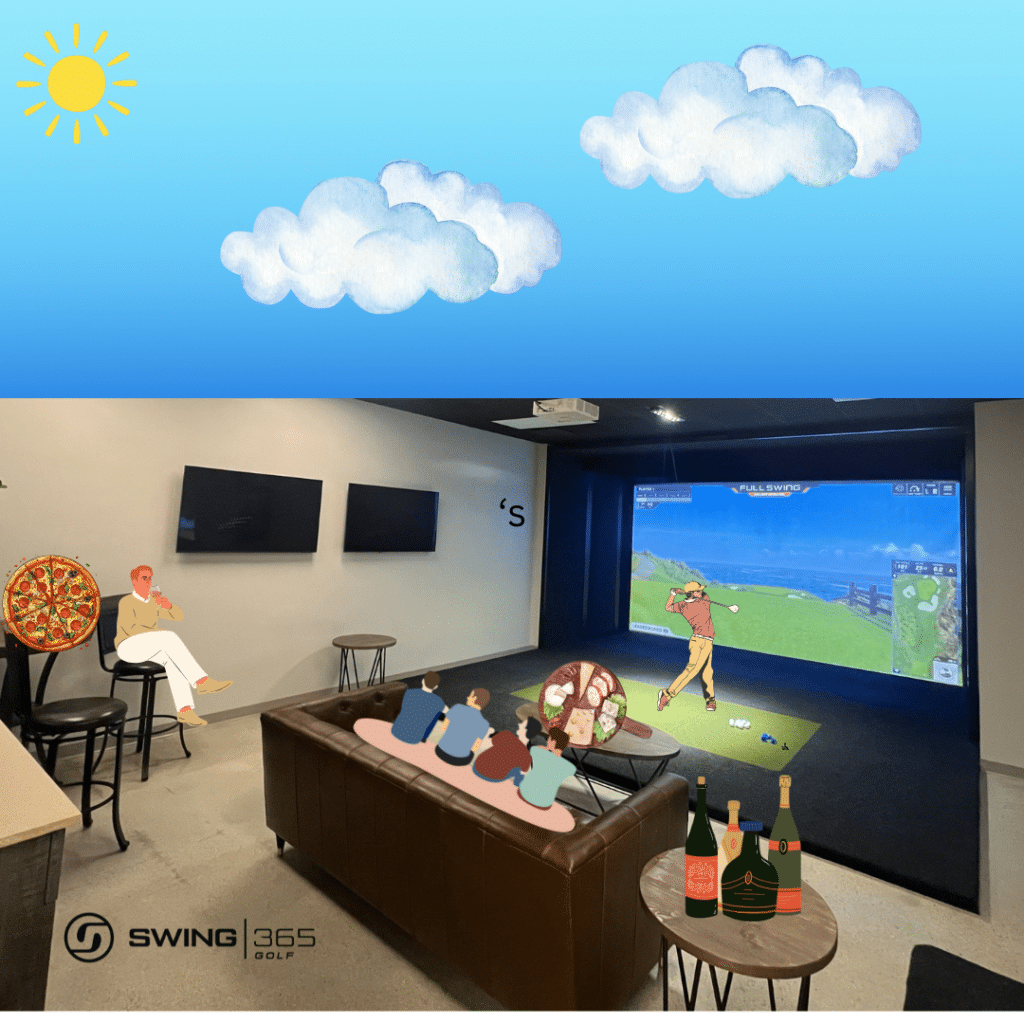 A swing 365 suite with animated blue skies showing how you can have fun in the winter in Nebraska golfing