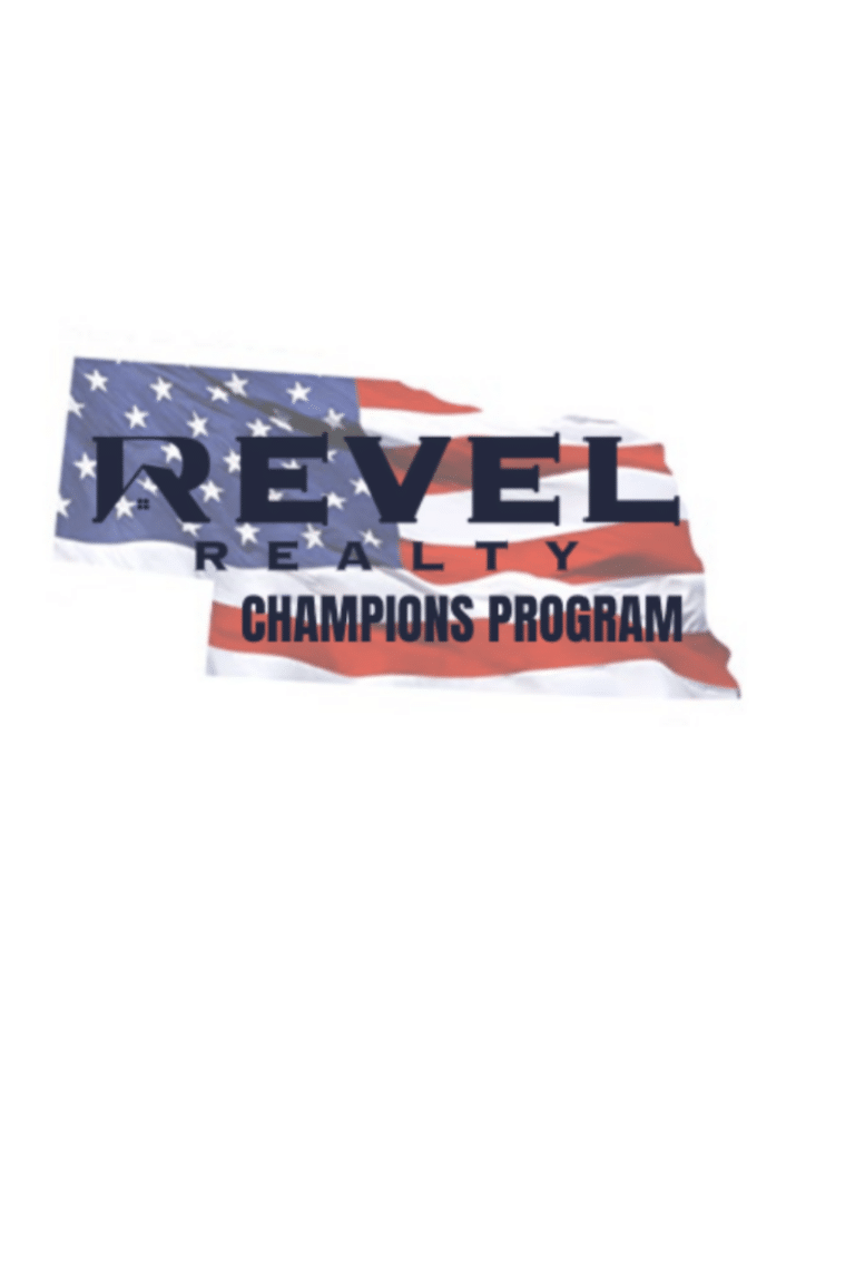American flag background with the words “Revel Realty Champions Program” representing the Champions Program for homebuyers.