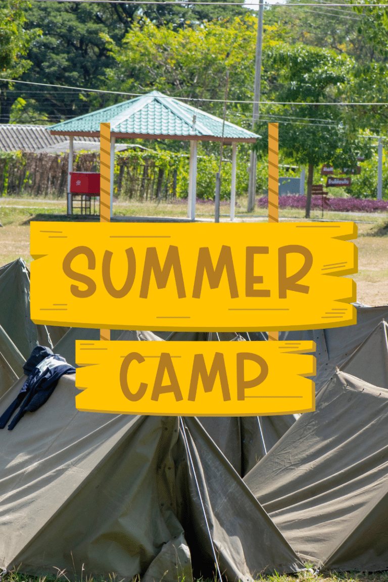 Illustrated graphic promoting unique summer camps in Omaha, showing kids engaged in creative, athletic, and musical activities outdoors.